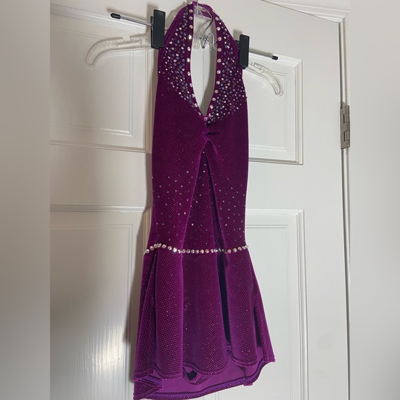 Magenta halter figure skating dress with Swarovski beading - Picture 2 of 14